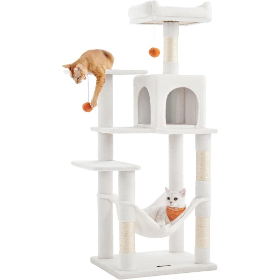 Feandrea Cat Scratching Post, 112cm High, Multi Level Cat Tree with 4 Scratching Posts, 2 Platforms, Hammock, Cave, Smoke Grey, PCT261G01 Feandrea Cat Scratching Post, 112cm High, Multi Level Cat Tree with 4 Scratching Posts, 2 Platforms, Hammock, Cave, Smoke Grey, PCT261G01
