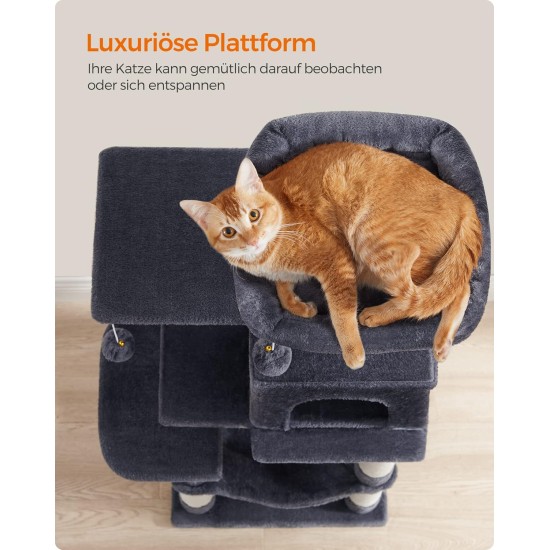 Feandrea Cat Scratching Post, 112cm High, Multi Level Cat Tree with 4 Scratching Posts, 2 Platforms, Hammock, Cave, Smoke Grey, PCT261G01 Feandrea Cat Scratching Post, 112cm High, Multi Level Cat Tree with 4 Scratching Posts, 2 Platforms, Hammock, Cave, Smoke Grey, PCT261G01