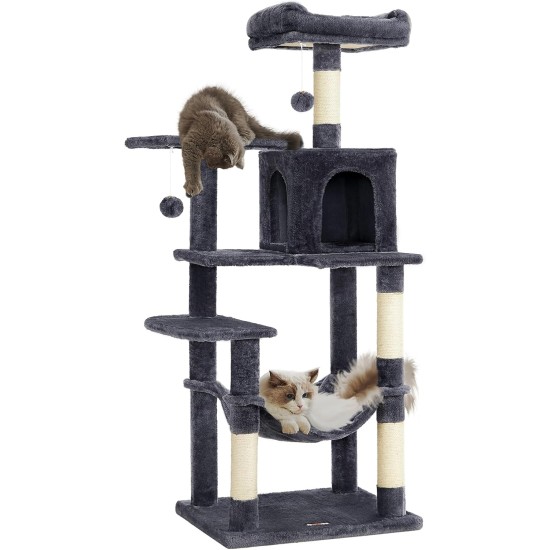 Feandrea Cat Scratching Post, 112cm High, Multi Level Cat Tree with 4 Scratching Posts, 2 Platforms, Hammock, Cave, Smoke Grey, PCT261G01 Feandrea Cat Scratching Post, 112cm High, Multi Level Cat Tree with 4 Scratching Posts, 2 Platforms, Hammock, Cave, Smoke Grey, PCT261G01