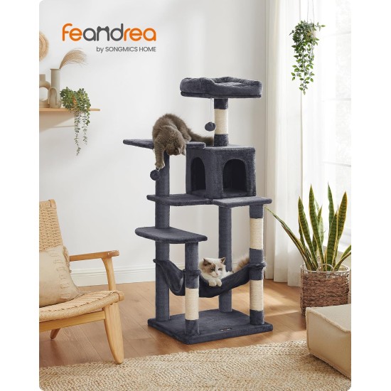 Feandrea Cat Scratching Post, 112cm High, Multi Level Cat Tree with 4 Scratching Posts, 2 Platforms, Hammock, Cave, Smoke Grey, PCT261G01 Feandrea Cat Scratching Post, 112cm High, Multi Level Cat Tree with 4 Scratching Posts, 2 Platforms, Hammock, Cave, Smoke Grey, PCT261G01
