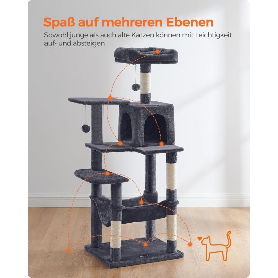 Feandrea Cat Scratching Post, 112cm High, Multi Level Cat Tree with 4 Scratching Posts, 2 Platforms, Hammock, Cave, Smoke Grey, PCT261G01 Feandrea Cat Scratching Post, 112cm High, Multi Level Cat Tree with 4 Scratching Posts, 2 Platforms, Hammock, Cave, Smoke Grey, PCT261G01