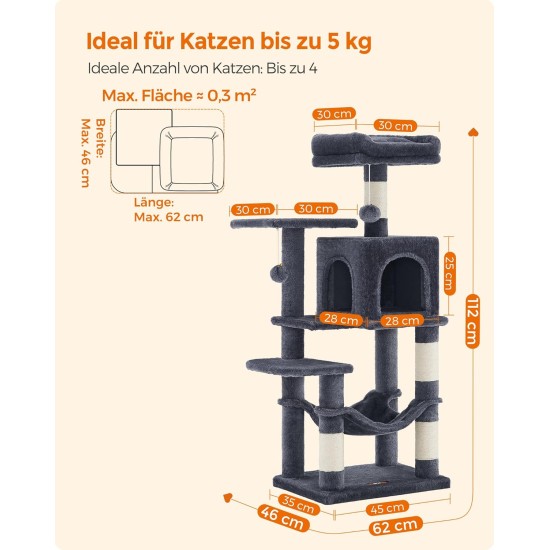 Feandrea Cat Scratching Post, 112cm High, Multi Level Cat Tree with 4 Scratching Posts, 2 Platforms, Hammock, Cave, Smoke Grey, PCT261G01 Feandrea Cat Scratching Post, 112cm High, Multi Level Cat Tree with 4 Scratching Posts, 2 Platforms, Hammock, Cave, Smoke Grey, PCT261G01