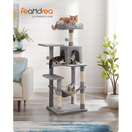 Feandrea Cat Scratching Post, 112cm High, Multi Level Cat Tree with 4 Scratching Posts, 2 Platforms, Hammock, Cave, Smoke Grey, PCT261G01 Feandrea Cat Scratching Post, 112cm High, Multi Level Cat Tree with 4 Scratching Posts, 2 Platforms, Hammock, Cave, Smoke Grey, PCT261G01