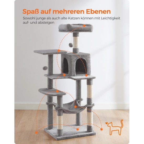 Feandrea Cat Scratching Post, 112cm High, Multi Level Cat Tree with 4 Scratching Posts, 2 Platforms, Hammock, Cave, Smoke Grey, PCT261G01 Feandrea Cat Scratching Post, 112cm High, Multi Level Cat Tree with 4 Scratching Posts, 2 Platforms, Hammock, Cave, Smoke Grey, PCT261G01