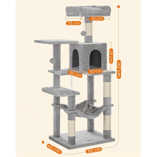 Feandrea Cat Scratching Post, 112cm High, Multi Level Cat Tree with 4 Scratching Posts, 2 Platforms, Hammock, Cave, Smoke Grey, PCT261G01 Feandrea Cat Scratching Post, 112cm High, Multi Level Cat Tree with 4 Scratching Posts, 2 Platforms, Hammock, Cave, Smoke Grey, PCT261G01