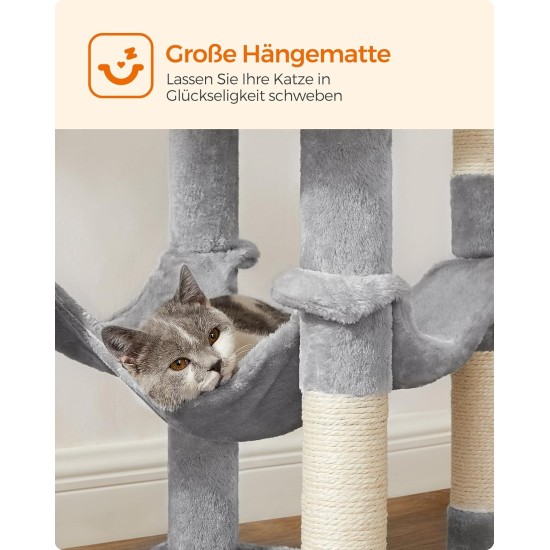 Feandrea Cat Scratching Post, 112cm High, Multi Level Cat Tree with 4 Scratching Posts, 2 Platforms, Hammock, Cave, Smoke Grey, PCT261G01 Feandrea Cat Scratching Post, 112cm High, Multi Level Cat Tree with 4 Scratching Posts, 2 Platforms, Hammock, Cave, Smoke Grey, PCT261G01