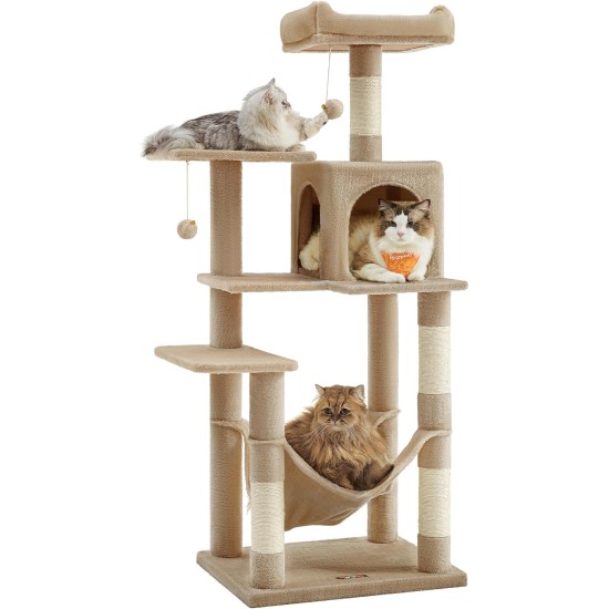 Feandrea Cat Scratching Post, 112cm High, Multi Level Cat Tree with 4 Scratching Posts, 2 Platforms, Hammock, Cave, Smoke Grey, PCT261G01 Feandrea Cat Scratching Post, 112cm High, Multi Level Cat Tree with 4 Scratching Posts, 2 Platforms, Hammock, Cave, Smoke Grey, PCT261G01