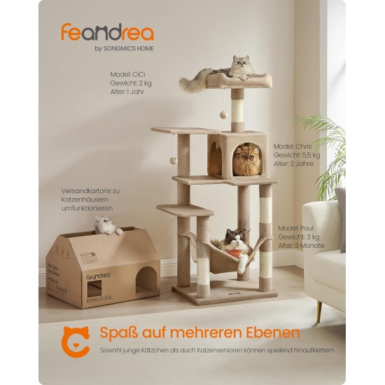 Feandrea Cat Scratching Post, 112cm High, Multi Level Cat Tree with 4 Scratching Posts, 2 Platforms, Hammock, Cave, Smoke Grey, PCT261G01 Feandrea Cat Scratching Post, 112cm High, Multi Level Cat Tree with 4 Scratching Posts, 2 Platforms, Hammock, Cave, Smoke Grey, PCT261G01