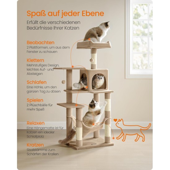 Feandrea Cat Scratching Post, 112cm High, Multi Level Cat Tree with 4 Scratching Posts, 2 Platforms, Hammock, Cave, Smoke Grey, PCT261G01 Feandrea Cat Scratching Post, 112cm High, Multi Level Cat Tree with 4 Scratching Posts, 2 Platforms, Hammock, Cave, Smoke Grey, PCT261G01