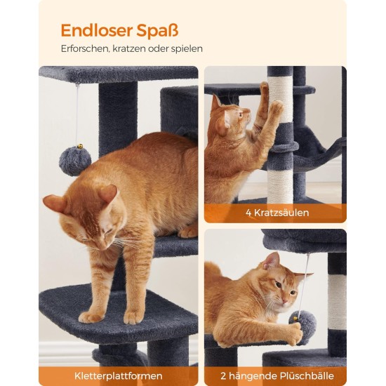Feandrea Cat Scratching Post, 112cm High, Multi Level Cat Tree with 4 Scratching Posts, 2 Platforms, Hammock, Cave, Smoke Grey, PCT261G01 Feandrea Cat Scratching Post, 112cm High, Multi Level Cat Tree with 4 Scratching Posts, 2 Platforms, Hammock, Cave, Smoke Grey, PCT261G01