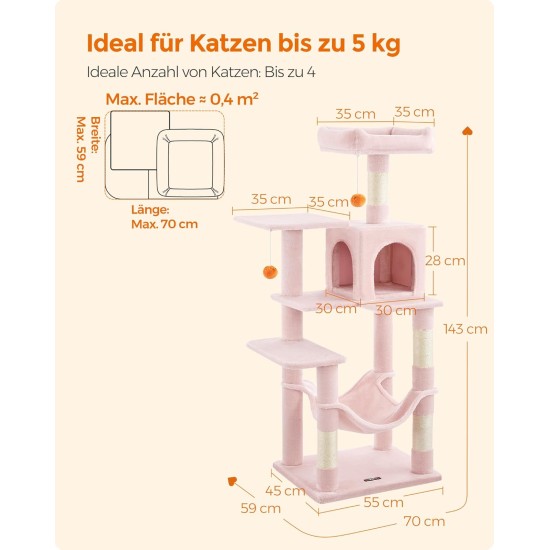 Feandrea Cat Scratching Post, 112cm High, Multi Level Cat Tree with 4 Scratching Posts, 2 Platforms, Hammock, Cave, Smoke Grey, PCT261G01 Feandrea Cat Scratching Post, 112cm High, Multi Level Cat Tree with 4 Scratching Posts, 2 Platforms, Hammock, Cave, Smoke Grey, PCT261G01