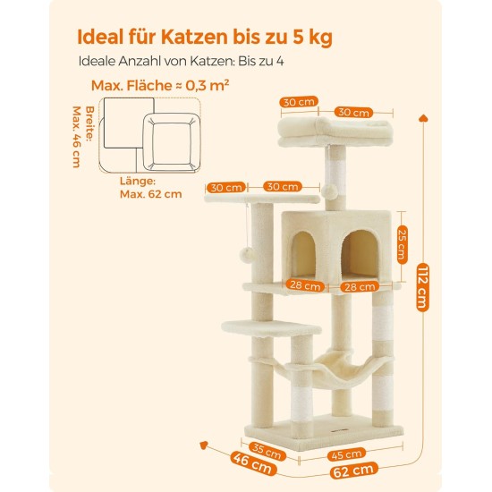 Feandrea Cat Scratching Post, 112cm High, Multi Level Cat Tree with 4 Scratching Posts, 2 Platforms, Hammock, Cave, Smoke Grey, PCT261G01 Feandrea Cat Scratching Post, 112cm High, Multi Level Cat Tree with 4 Scratching Posts, 2 Platforms, Hammock, Cave, Smoke Grey, PCT261G01
