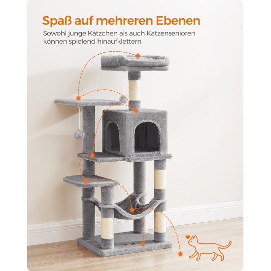 Feandrea Cat Scratching Post, 112cm High, Multi Level Cat Tree with 4 Scratching Posts, 2 Platforms, Hammock, Cave, Smoke Grey, PCT261G01 Feandrea Cat Scratching Post, 112cm High, Multi Level Cat Tree with 4 Scratching Posts, 2 Platforms, Hammock, Cave, Smoke Grey, PCT261G01