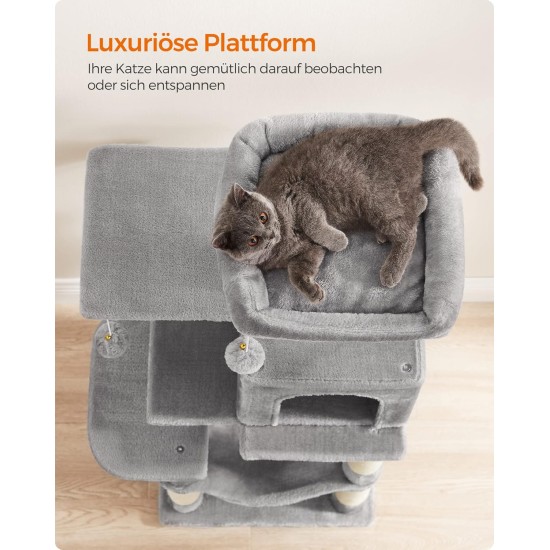 Feandrea Cat Scratching Post, 112cm High, Multi Level Cat Tree with 4 Scratching Posts, 2 Platforms, Hammock, Cave, Smoke Grey, PCT261G01 Feandrea Cat Scratching Post, 112cm High, Multi Level Cat Tree with 4 Scratching Posts, 2 Platforms, Hammock, Cave, Smoke Grey, PCT261G01
