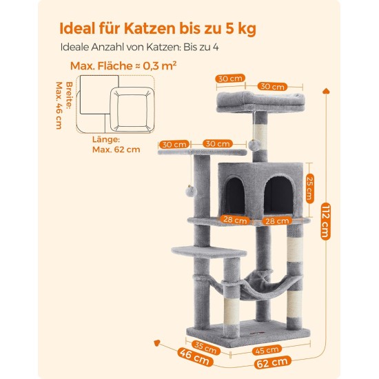 Feandrea Cat Scratching Post, 112cm High, Multi Level Cat Tree with 4 Scratching Posts, 2 Platforms, Hammock, Cave, Smoke Grey, PCT261G01 Feandrea Cat Scratching Post, 112cm High, Multi Level Cat Tree with 4 Scratching Posts, 2 Platforms, Hammock, Cave, Smoke Grey, PCT261G01
