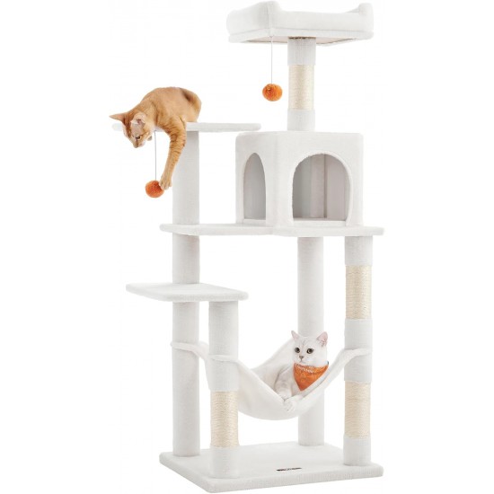 Feandrea Cat Scratching Post 143 cm High Multi-Tier Cat Tree with 4 Scratching Posts 2 Platforms Hammock Cave Cream White PCT161T01 Feandrea Cat Scratching Post 143 cm High Multi-Tier Cat Tree with 4 Scratching Posts 2 Platforms Hammock Cave Cream White PCT161T01