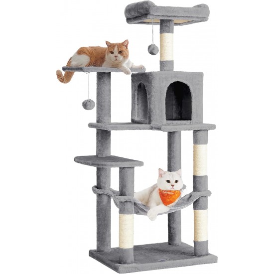 Feandrea Cat Scratching Post 143 cm High Multi-Tier Cat Tree with 4 Scratching Posts 2 Platforms Hammock Cave Cream White PCT161T01 Feandrea Cat Scratching Post 143 cm High Multi-Tier Cat Tree with 4 Scratching Posts 2 Platforms Hammock Cave Cream White PCT161T01