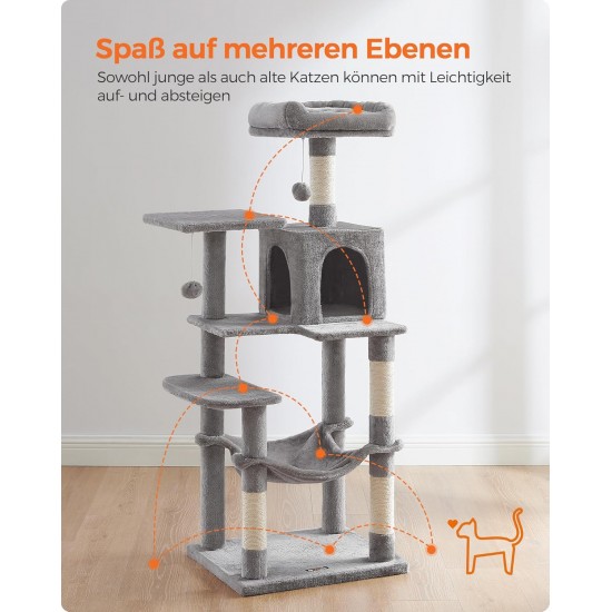 Feandrea Cat Scratching Post 143 cm High Multi-Tier Cat Tree with 4 Scratching Posts 2 Platforms Hammock Cave Cream White PCT161T01 Feandrea Cat Scratching Post 143 cm High Multi-Tier Cat Tree with 4 Scratching Posts 2 Platforms Hammock Cave Cream White PCT161T01