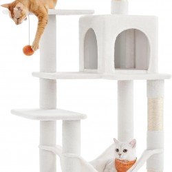 Feandrea Cat Scratching Post 143 cm High Multi-Tier Cat Tree with 4 Scratching Posts 2 Platforms Hammock Cave Cream White PCT161T01 Feandrea Cat Scratching Post 143 cm High Multi-Tier Cat Tree with 4 Scratching Posts 2 Platforms Hammock Cave Cream White PCT161T01