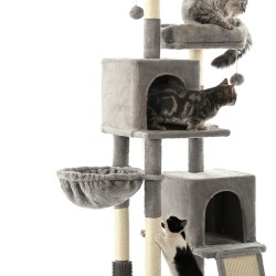 FourFurPets Indoor Cat Scratching Post 156 cm with Sisal Stairs, 2 Platforms, 2 Caves, Hammock, Caves, Plush Balls, Light Grey FourFurPets Indoor Cat Scratching Post 156 cm with Sisal Stairs, 2 Platforms, 2 Caves, Hammock, Caves, Plush Balls, Light Grey