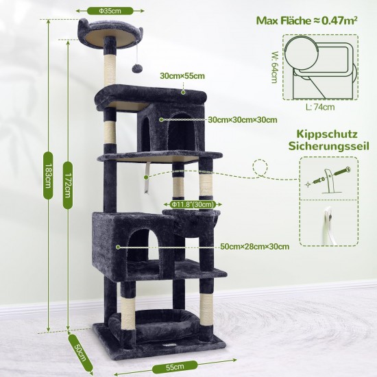 Globlazer Large Cat Scratching Post for Large Cats, 183 cm High with 2 Cat House, Padded Platform, Perches, Basket, Dog Bed, Cat Tower, Stable for Maine Coon BKH Cats (S72, Dark Grey) Globlazer Large Cat Scratching Post for Large Cats, 183 cm High with 2 Cat House, Padded Platform, Perches, Basket, Dog Bed, Cat Tower, Stable for Maine Coon BKH Cats (S72, Dark Grey)