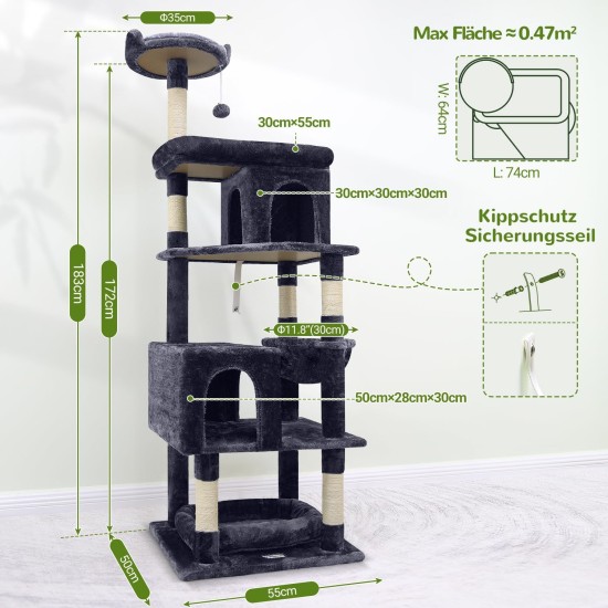 Globlazer XXL Cat Scratching Post, Large, 183 cm High with 2 Cat Houses, Padded Platform, Perches, Basket, Dog Bed, Plush Ball, Multi-Tier Cat Tower for Large Cats (S72, Dark Grey) Globlazer XXL Cat Scratching Post, Large, 183 cm High with 2 Cat Houses, Padded Platform, Perches, Basket, Dog Bed, Plush Ball, Multi-Tier Cat Tower for Large Cats (S72, Dark Grey)