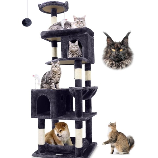Globlazer XXL Cat Scratching Post, Large, 183 cm High with 2 Cat Houses, Padded Platform, Perches, Basket, Dog Bed, Plush Ball, Multi-Tier Cat Tower for Large Cats (S72, Dark Grey)