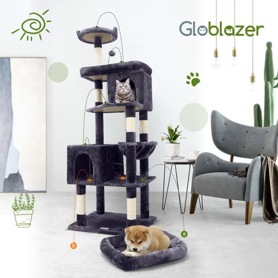 Globlazer XXL Cat Scratching Post, Large, 183 cm High with 2 Cat Houses, Padded Platform, Perches, Basket, Dog Bed, Plush Ball, Multi-Tier Cat Tower for Large Cats (S72, Dark Grey) Globlazer XXL Cat Scratching Post, Large, 183 cm High with 2 Cat Houses, Padded Platform, Perches, Basket, Dog Bed, Plush Ball, Multi-Tier Cat Tower for Large Cats (S72, Dark Grey)