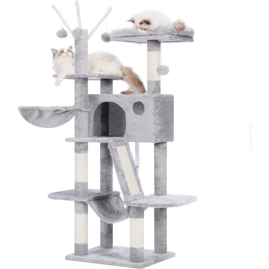 Hey-Brother MPJ019-SW Cat Scratching Post, 135 cm Indoor Cat Tree with Padded Platform Bed, Toy Ball, Caves, Hammock and Sisal Cat House, Light Grey Hey-Brother MPJ019-SW Cat Scratching Post, 135 cm Indoor Cat Tree with Padded Platform Bed, Toy Ball, Caves, Hammock and Sisal Cat House, Light Grey