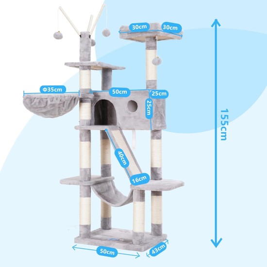 Hey-Brother MPJ019-SW Cat Scratching Post, 135 cm Indoor Cat Tree with Padded Platform Bed, Toy Ball, Caves, Hammock and Sisal Cat House, Light Grey Hey-Brother MPJ019-SW Cat Scratching Post, 135 cm Indoor Cat Tree with Padded Platform Bed, Toy Ball, Caves, Hammock and Sisal Cat House, Light Grey