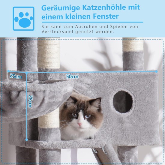 Hey-Brother MPJ019-SW Cat Scratching Post, 135 cm Indoor Cat Tree with Padded Platform Bed, Toy Ball, Caves, Hammock and Sisal Cat House, Light Grey Hey-Brother MPJ019-SW Cat Scratching Post, 135 cm Indoor Cat Tree with Padded Platform Bed, Toy Ball, Caves, Hammock and Sisal Cat House, Light Grey