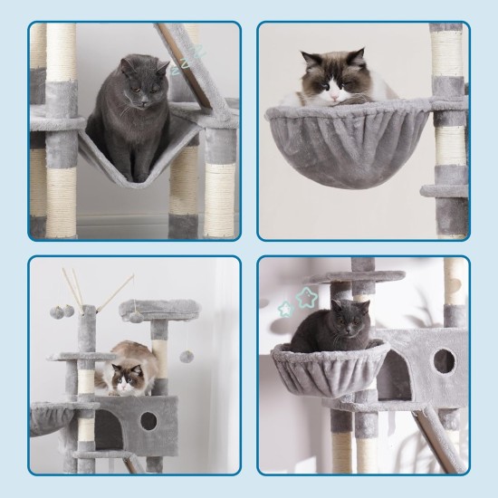 Hey-Brother MPJ019-SW Cat Scratching Post, 135 cm Indoor Cat Tree with Padded Platform Bed, Toy Ball, Caves, Hammock and Sisal Cat House, Light Grey Hey-Brother MPJ019-SW Cat Scratching Post, 135 cm Indoor Cat Tree with Padded Platform Bed, Toy Ball, Caves, Hammock and Sisal Cat House, Light Grey