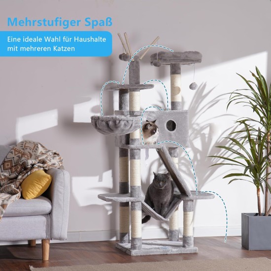 Hey-Brother MPJ019-SW Cat Scratching Post, 135 cm Indoor Cat Tree with Padded Platform Bed, Toy Ball, Caves, Hammock and Sisal Cat House, Light Grey Hey-Brother MPJ019-SW Cat Scratching Post, 135 cm Indoor Cat Tree with Padded Platform Bed, Toy Ball, Caves, Hammock and Sisal Cat House, Light Grey