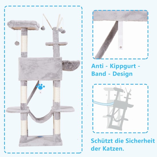 Hey-Brother MPJ019-SW Cat Scratching Post, 135 cm Indoor Cat Tree with Padded Platform Bed, Toy Ball, Caves, Hammock and Sisal Cat House, Light Grey Hey-Brother MPJ019-SW Cat Scratching Post, 135 cm Indoor Cat Tree with Padded Platform Bed, Toy Ball, Caves, Hammock and Sisal Cat House, Light Grey