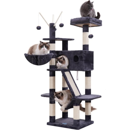 Hey-Brother MPJ019-SW Cat Scratching Post, 135 cm Indoor Cat Tree with Padded Platform Bed, Toy Ball, Caves, Hammock and Sisal Cat House, Light Grey Hey-Brother MPJ019-SW Cat Scratching Post, 135 cm Indoor Cat Tree with Padded Platform Bed, Toy Ball, Caves, Hammock and Sisal Cat House, Light Grey