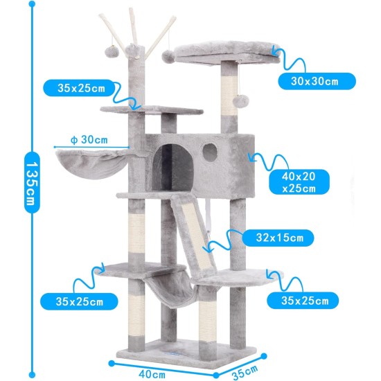 Hey-Brother MPJ019-SW Cat Scratching Post, 135 cm Indoor Cat Tree with Padded Platform Bed, Toy Ball, Caves, Hammock and Sisal Cat House, Light Grey Hey-Brother MPJ019-SW Cat Scratching Post, 135 cm Indoor Cat Tree with Padded Platform Bed, Toy Ball, Caves, Hammock and Sisal Cat House, Light Grey