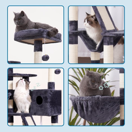 Hey-Brother MPJ019-SW Cat Scratching Post, 135 cm Indoor Cat Tree with Padded Platform Bed, Toy Ball, Caves, Hammock and Sisal Cat House, Light Grey Hey-Brother MPJ019-SW Cat Scratching Post, 135 cm Indoor Cat Tree with Padded Platform Bed, Toy Ball, Caves, Hammock and Sisal Cat House, Light Grey
