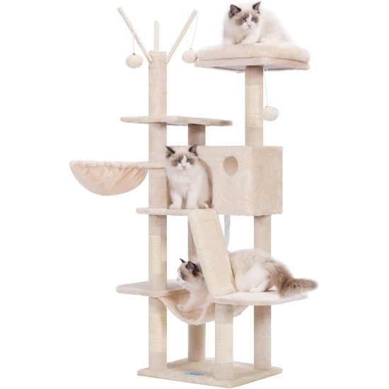 Hey-Brother MPJ019-SW Cat Scratching Post, 135 cm Indoor Cat Tree with Padded Platform Bed, Toy Ball, Caves, Hammock and Sisal Cat House, Light Grey Hey-Brother MPJ019-SW Cat Scratching Post, 135 cm Indoor Cat Tree with Padded Platform Bed, Toy Ball, Caves, Hammock and Sisal Cat House, Light Grey