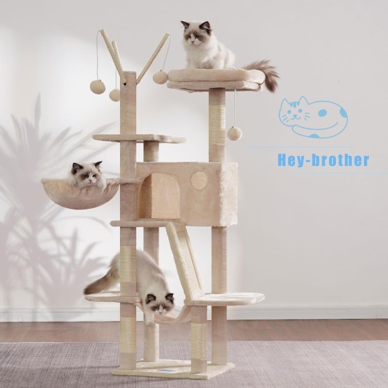 Hey-Brother MPJ019-SW Cat Scratching Post, 135 cm Indoor Cat Tree with Padded Platform Bed, Toy Ball, Caves, Hammock and Sisal Cat House, Light Grey Hey-Brother MPJ019-SW Cat Scratching Post, 135 cm Indoor Cat Tree with Padded Platform Bed, Toy Ball, Caves, Hammock and Sisal Cat House, Light Grey