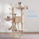 Hey-Brother MPJ019-SW Cat Scratching Post, 135 cm Indoor Cat Tree with Padded Platform Bed, Toy Ball, Caves, Hammock and Sisal Cat House, Light Grey