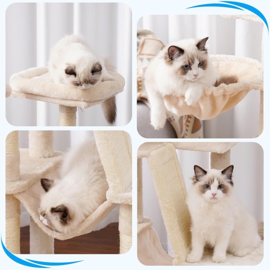Hey-Brother MPJ019-SW Cat Scratching Post, 135 cm Indoor Cat Tree with Padded Platform Bed, Toy Ball, Caves, Hammock and Sisal Cat House, Light Grey Hey-Brother MPJ019-SW Cat Scratching Post, 135 cm Indoor Cat Tree with Padded Platform Bed, Toy Ball, Caves, Hammock and Sisal Cat House, Light Grey