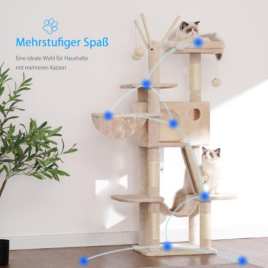 Hey-Brother MPJ019-SW Cat Scratching Post, 135 cm Indoor Cat Tree with Padded Platform Bed, Toy Ball, Caves, Hammock and Sisal Cat House, Light Grey Hey-Brother MPJ019-SW Cat Scratching Post, 135 cm Indoor Cat Tree with Padded Platform Bed, Toy Ball, Caves, Hammock and Sisal Cat House, Light Grey