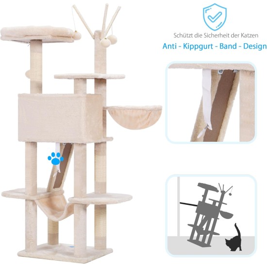 Hey-Brother MPJ019-SW Cat Scratching Post, 135 cm Indoor Cat Tree with Padded Platform Bed, Toy Ball, Caves, Hammock and Sisal Cat House, Light Grey Hey-Brother MPJ019-SW Cat Scratching Post, 135 cm Indoor Cat Tree with Padded Platform Bed, Toy Ball, Caves, Hammock and Sisal Cat House, Light Grey