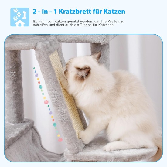 Hey-Brother MPJ019-SW Cat Scratching Post, 135 cm Indoor Cat Tree with Padded Platform Bed, Toy Ball, Caves, Hammock and Sisal Cat House, Light Grey Hey-Brother MPJ019-SW Cat Scratching Post, 135 cm Indoor Cat Tree with Padded Platform Bed, Toy Ball, Caves, Hammock and Sisal Cat House, Light Grey