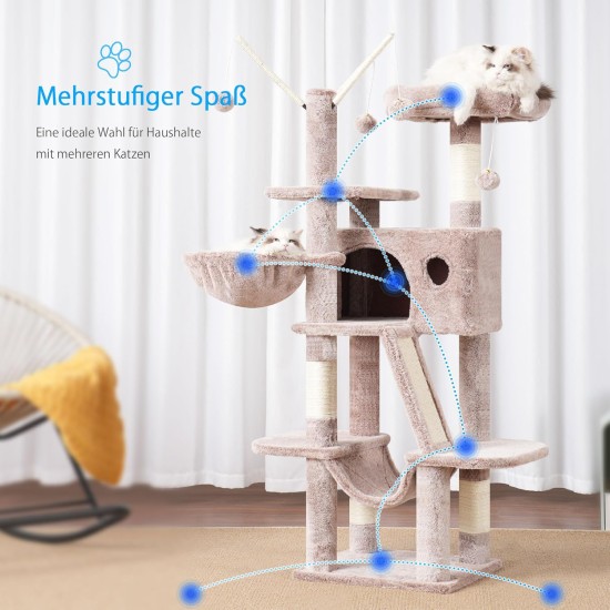 Hey-Brother MPJ019-SW Cat Scratching Post, 135 cm Indoor Cat Tree with Padded Platform Bed, Toy Ball, Caves, Hammock and Sisal Cat House, Light Grey Hey-Brother MPJ019-SW Cat Scratching Post, 135 cm Indoor Cat Tree with Padded Platform Bed, Toy Ball, Caves, Hammock and Sisal Cat House, Light Grey