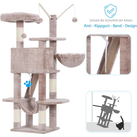 Hey-Brother MPJ019-SW Cat Scratching Post, 135 cm Indoor Cat Tree with Padded Platform Bed, Toy Ball, Caves, Hammock and Sisal Cat House, Light Grey Hey-Brother MPJ019-SW Cat Scratching Post, 135 cm Indoor Cat Tree with Padded Platform Bed, Toy Ball, Caves, Hammock and Sisal Cat House, Light Grey