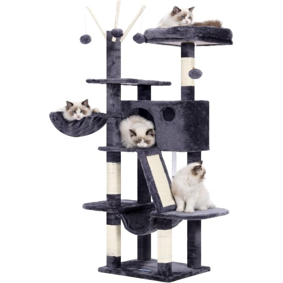 Hey-Brother MPJ019-SW Cat Scratching Post, 135 cm Indoor Cat Tree with Padded Platform Bed, Toy Ball, Caves, Hammock and Sisal Cat House, Light Grey Hey-Brother MPJ019-SW Cat Scratching Post, 135 cm Indoor Cat Tree with Padded Platform Bed, Toy Ball, Caves, Hammock and Sisal Cat House, Light Grey