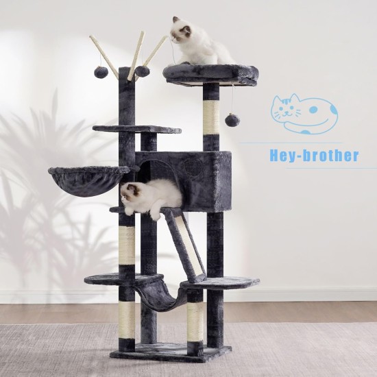 Hey-Brother MPJ019-SW Cat Scratching Post, 135 cm Indoor Cat Tree with Padded Platform Bed, Toy Ball, Caves, Hammock and Sisal Cat House, Light Grey Hey-Brother MPJ019-SW Cat Scratching Post, 135 cm Indoor Cat Tree with Padded Platform Bed, Toy Ball, Caves, Hammock and Sisal Cat House, Light Grey
