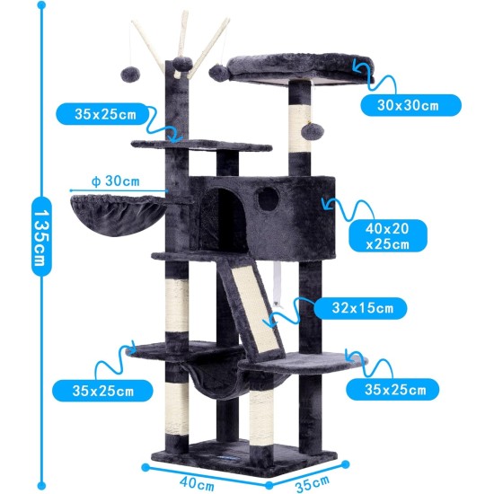 Hey-Brother MPJ019-SW Cat Scratching Post, 135 cm Indoor Cat Tree with Padded Platform Bed, Toy Ball, Caves, Hammock and Sisal Cat House, Light Grey Hey-Brother MPJ019-SW Cat Scratching Post, 135 cm Indoor Cat Tree with Padded Platform Bed, Toy Ball, Caves, Hammock and Sisal Cat House, Light Grey