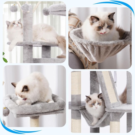 Hey-Brother MPJ019-SW Cat Scratching Post, 135 cm Indoor Cat Tree with Padded Platform Bed, Toy Ball, Caves, Hammock and Sisal Cat House, Light Grey Hey-Brother MPJ019-SW Cat Scratching Post, 135 cm Indoor Cat Tree with Padded Platform Bed, Toy Ball, Caves, Hammock and Sisal Cat House, Light Grey